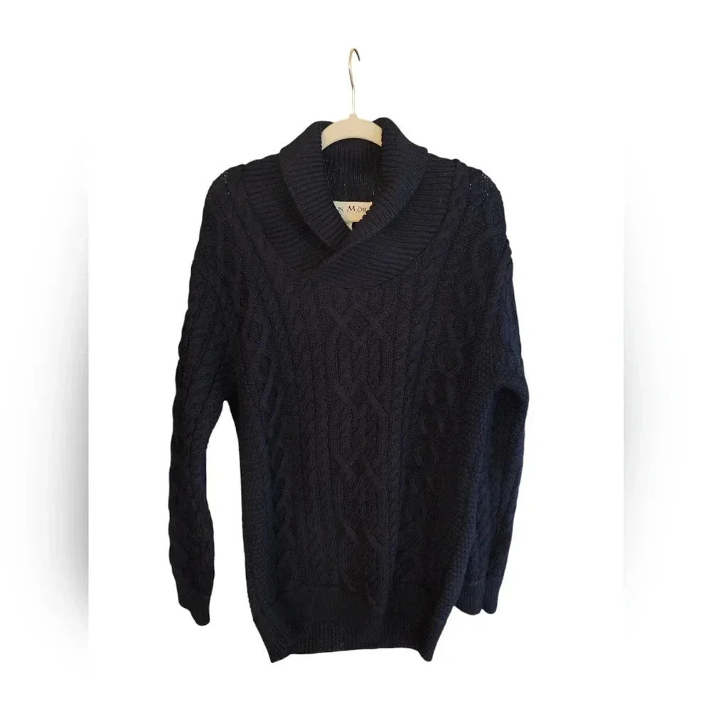 Aran Mor shawl collar fisherman cable merino wool knit sweater